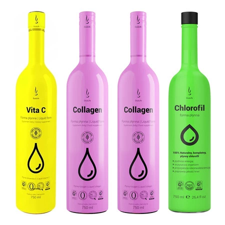 Zestaw mix DuoLife: 2x Kolagen w płynie 750 ml, 1x Witamina C w płynie 750 ml oraz 1x Chlorofil w płynie 750ml